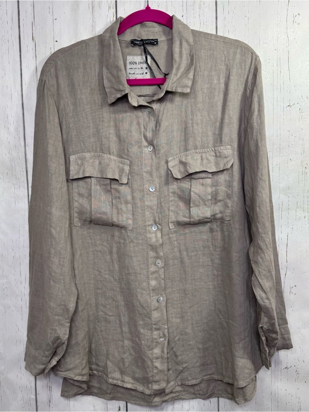 Francesca Bettini Italian Linen Button Front Shirt Taupe M Coastal Lagenlook